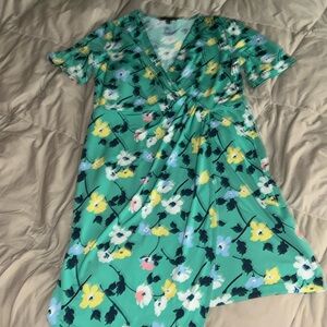 Floral Dress. Cinched waist. Asymmetrical hem.